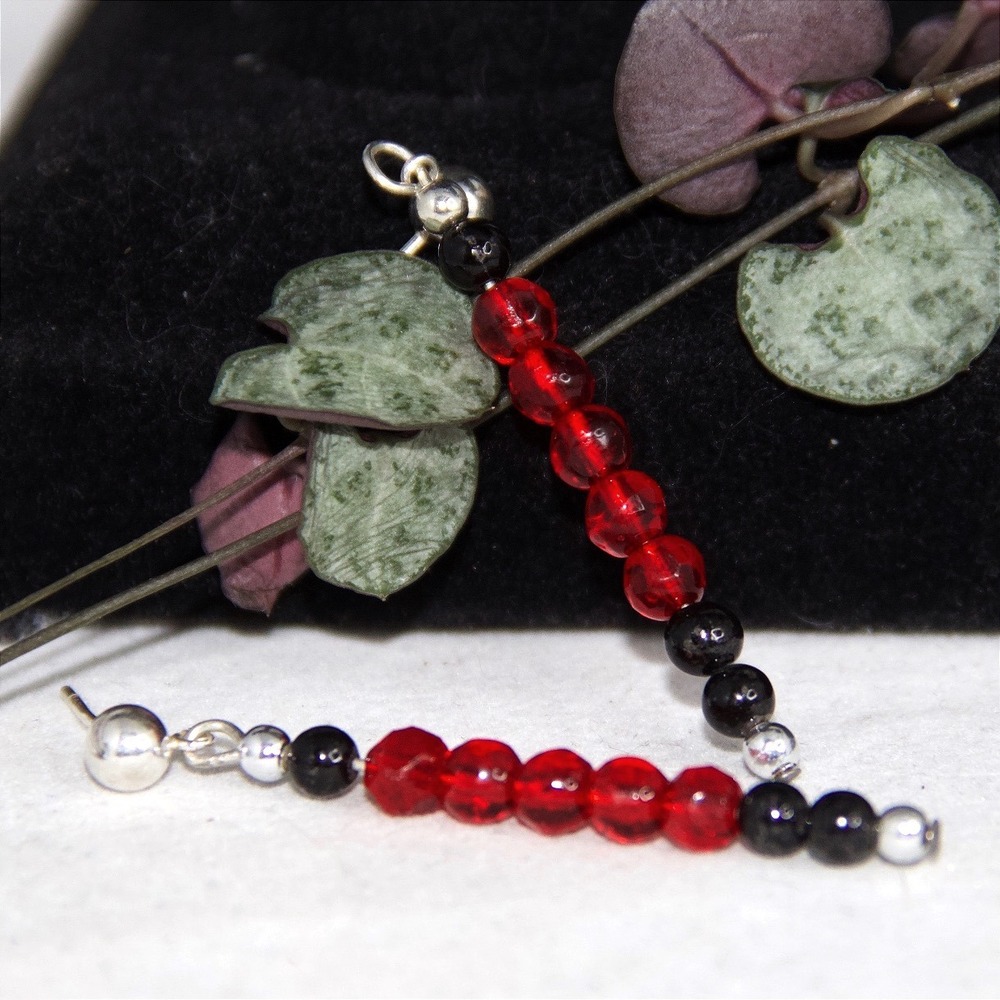 Sterling Silver 925 Red Faceted Glass Black Bead Dangle Drop Ball Post Earrings